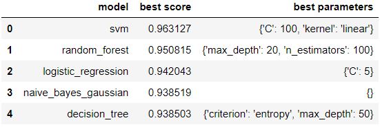 Model scores with best parameters rendered as data frame